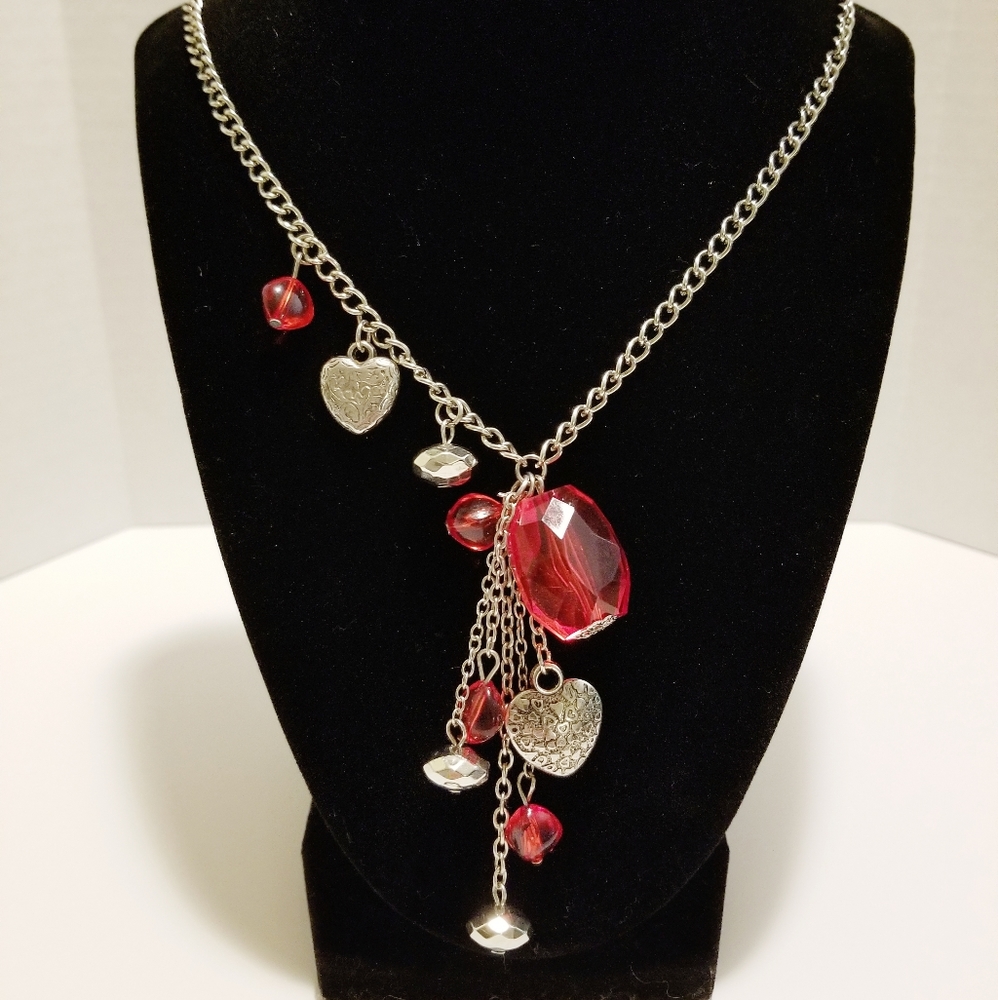 Red Beads & Heart Charm Tassel Necklace